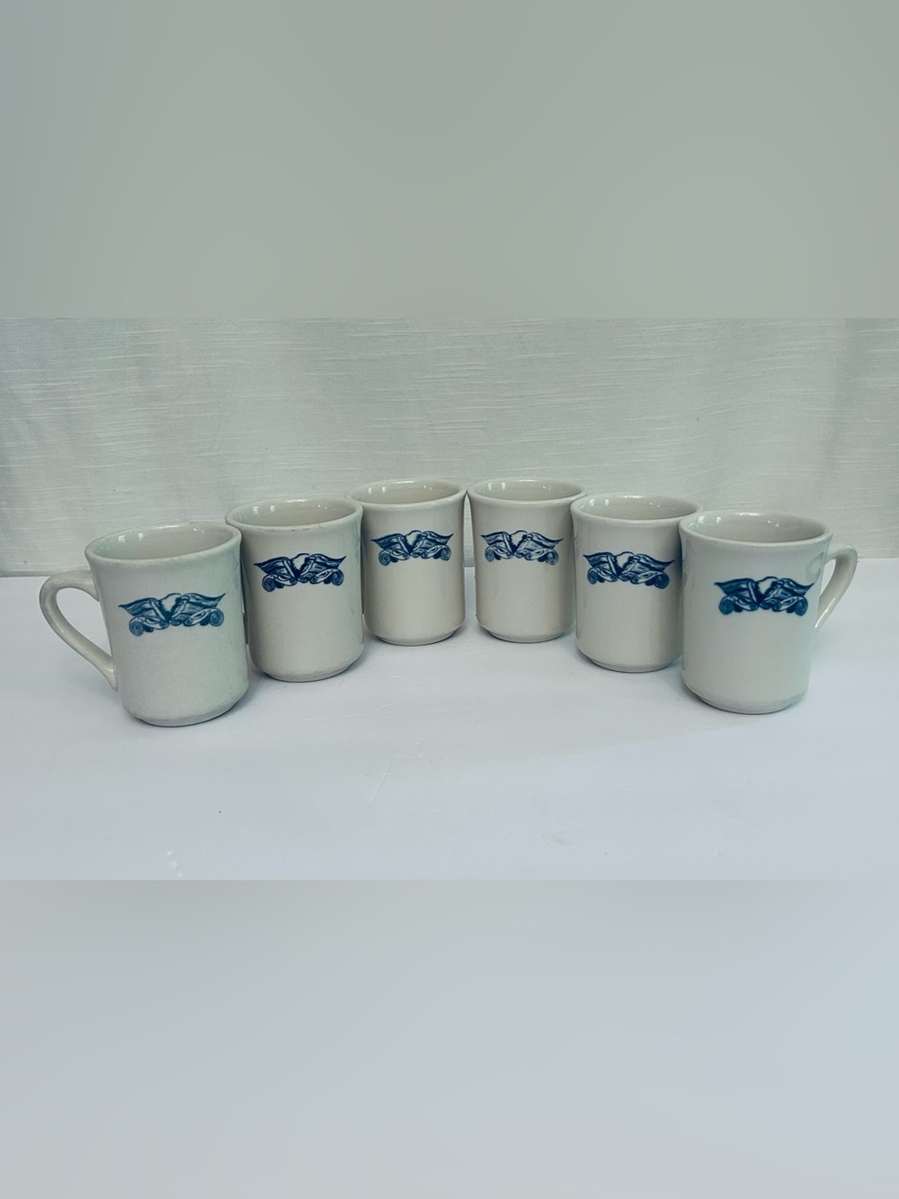 Vintage Syracuse White Ceramic Cups with Blue Scroll Eagle Motif -‎ Set of 4